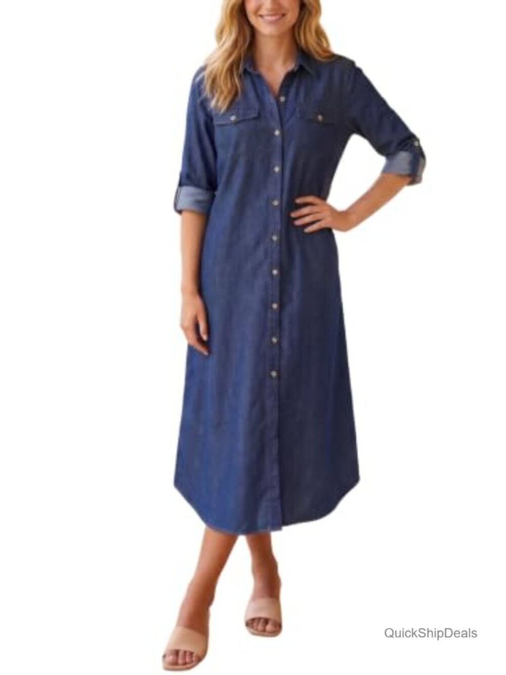 Tencel Cotton Maxi Shirt Dress Button Front Roll Tab Long Sleeve